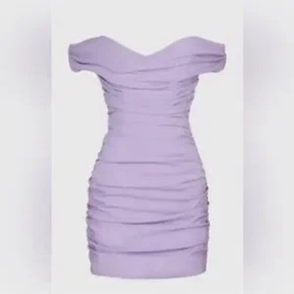 Off-Shoulder Ruched Mini Dress in Lavender
